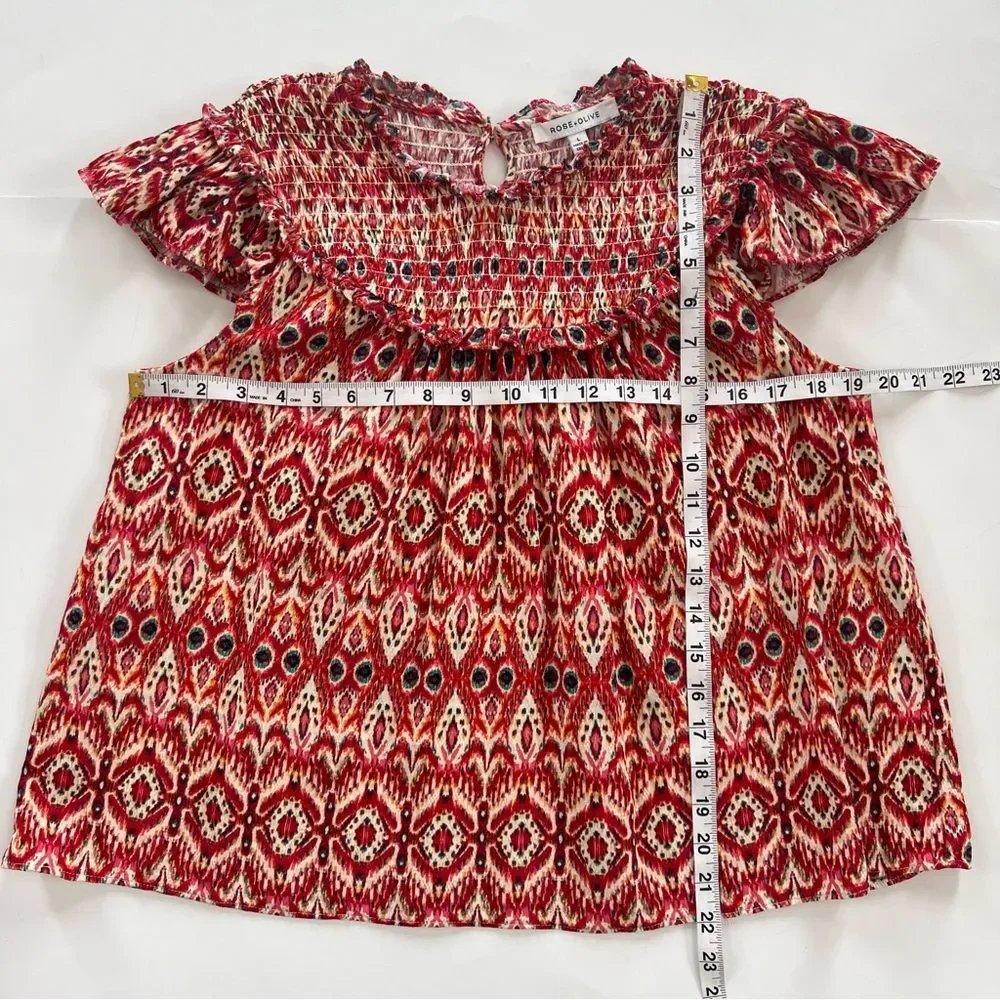 Rose & Olive Boho Smocked Flutter Sleeve Tribal Print Blouse SZ L Western Aztec - Picture 5 of 14